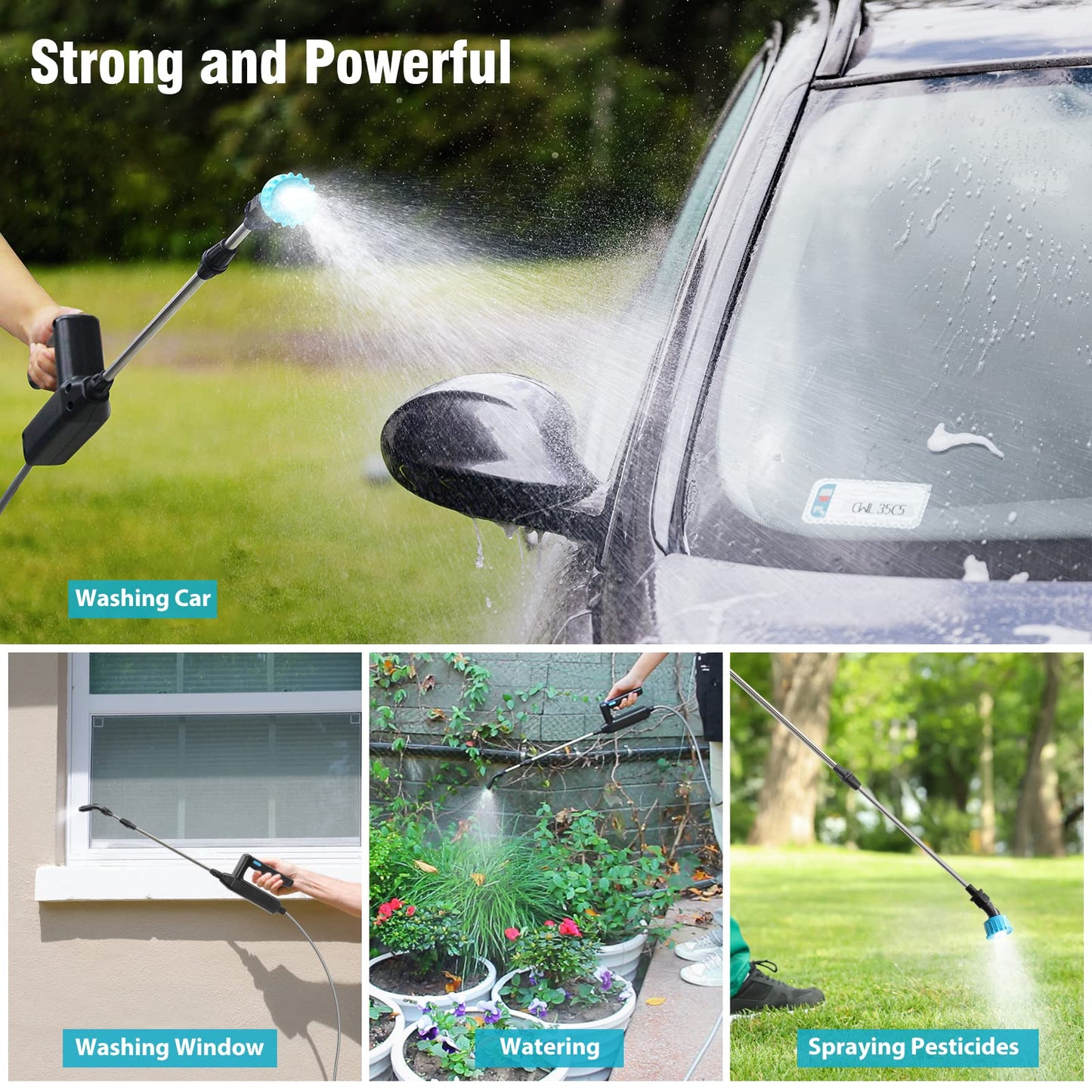 SideKing Battery Powered Sprayer Wand, 23.6inch Electric Sprayer Telescopic Watering Wand with 16.4FT Hose, Rechargeable and Portable Spray Wand for Gardening (3 Nozzles)