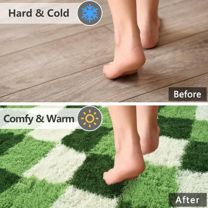 FALARK Fluffy Deep Green White Rugs for Bedroom, 4x6 Feet Checkered Rug for Living Room, Cute Shag Carpet for Kids Girls Room Nursery, Soft Shaggy Modern Indoor Carpets for Home Decor