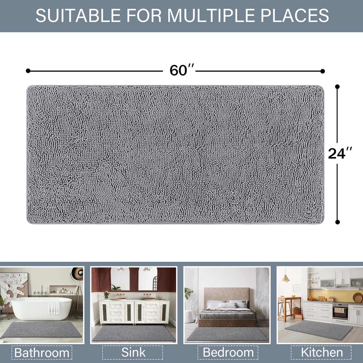 LOCHAS Luxury Bathroom Rug Shaggy Bath Mat 24 x 60 Inch, Washable Non Slip Bath Rugs for Bathroom Shower, Soft Plush Chenille Absorbent Carpets Mats, Gray