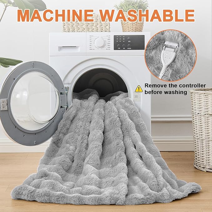 Heated Blanket Electric Throw Blanket 72''X 84''-Heating Blanket with 6 Heat Settings-10 Hours Auto Off,Cozy Faux Rabbit Fur Bubble Electric Blanket,Light Gray
