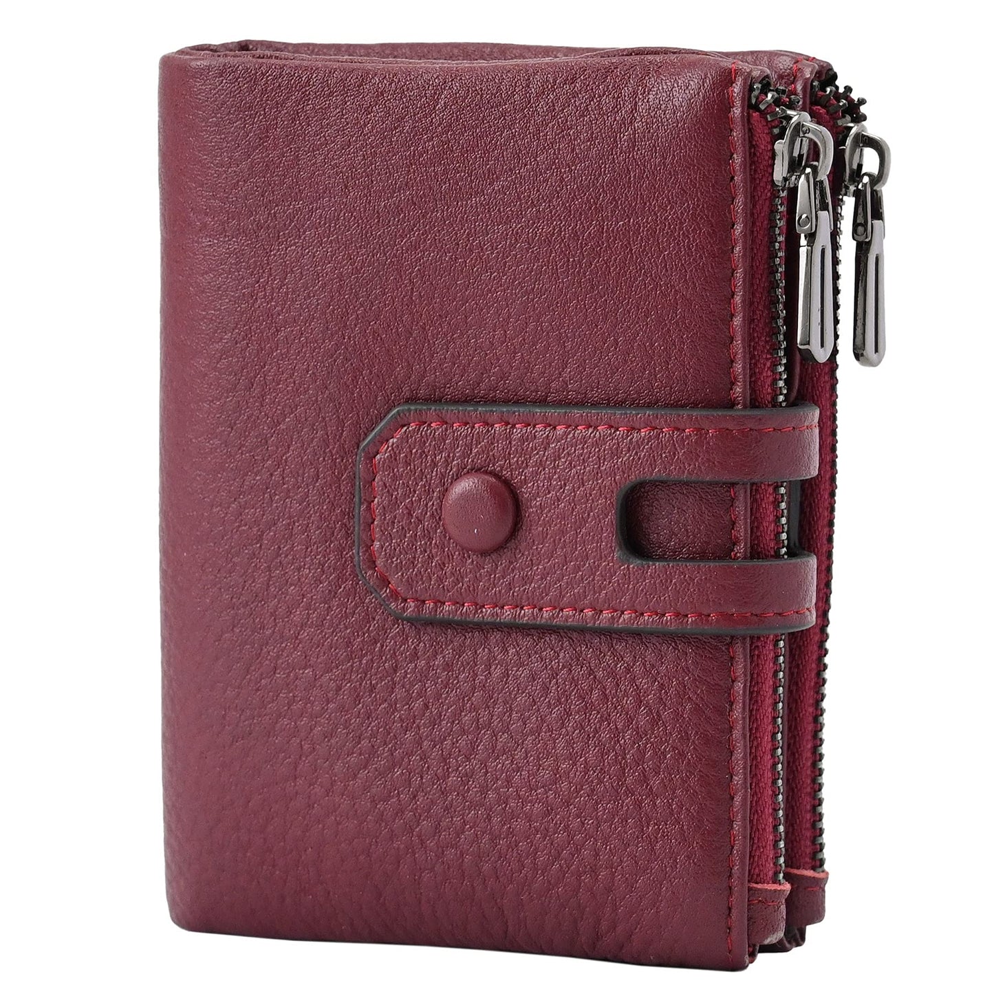 Bveyzi Small Soft Leather Wallet for Women RFID Blocking Ladies Card Holder with Double Zipper Pocket (Wine Red)