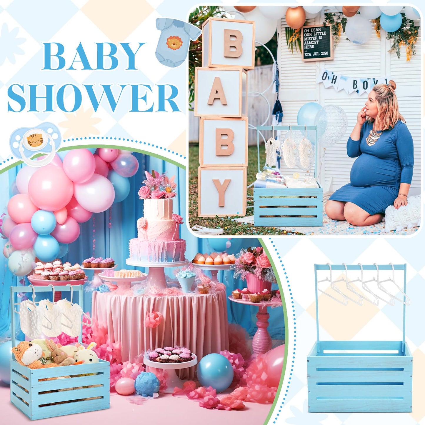 Suzile Wooden Baby Shower Crate Closet Wood Basket for Gifts with Handle Boy Girl Clothes Gender Reveal Storage Box for Newborn New Parent(Blue)