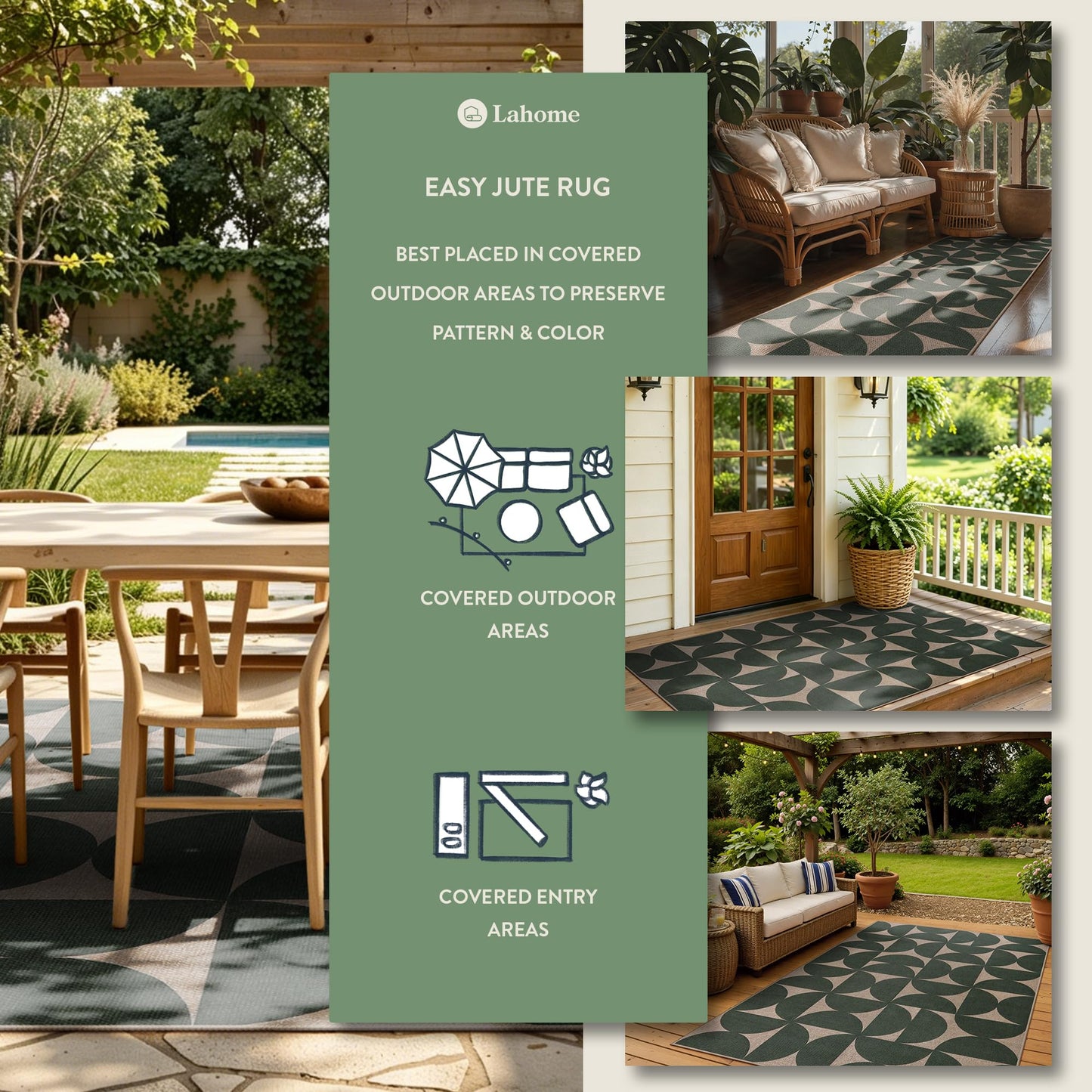 Lahome Green Semi Circle Easy Jute Rug, 3x5 Washable Outdoor Rug for Entryway, Non Slip Non Shedding Floor Carpet for Indoor Entrance Patio Front Door Porch Living Room