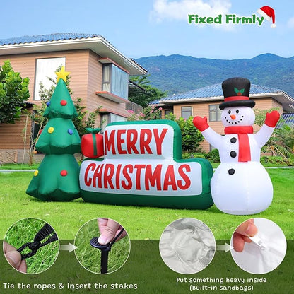 FunFanso 10 FT Long Christmas Inflatable Merry Christmas Sign Outdoor Decorations, Blow up Xmas Sign with Christmas Tree and Snowman, Built-in LED Lights for Yard Lawn Garden Holiday Party Home Porch