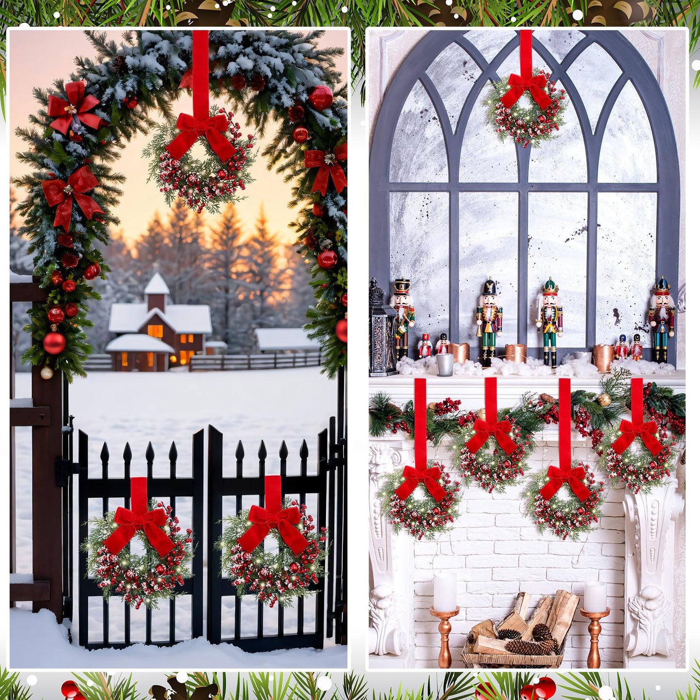 Hoteam 4 Pcs 9 Mini Decor Wreaths Small Cabinet Wreath with Rustic Bow Outdoor Decorations for Porch Window Farmhouse Decor(Bells and Red Berries)