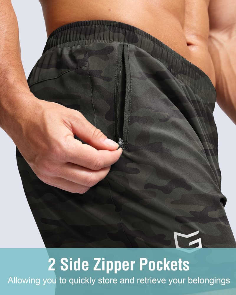 G Gradual Men's Athletic Running Shorts with Zipper Pockets Quick Dry 7"/ 5"/ 9" Workout Gym Shorts for Basketball Hiking(Green Camo,5L)