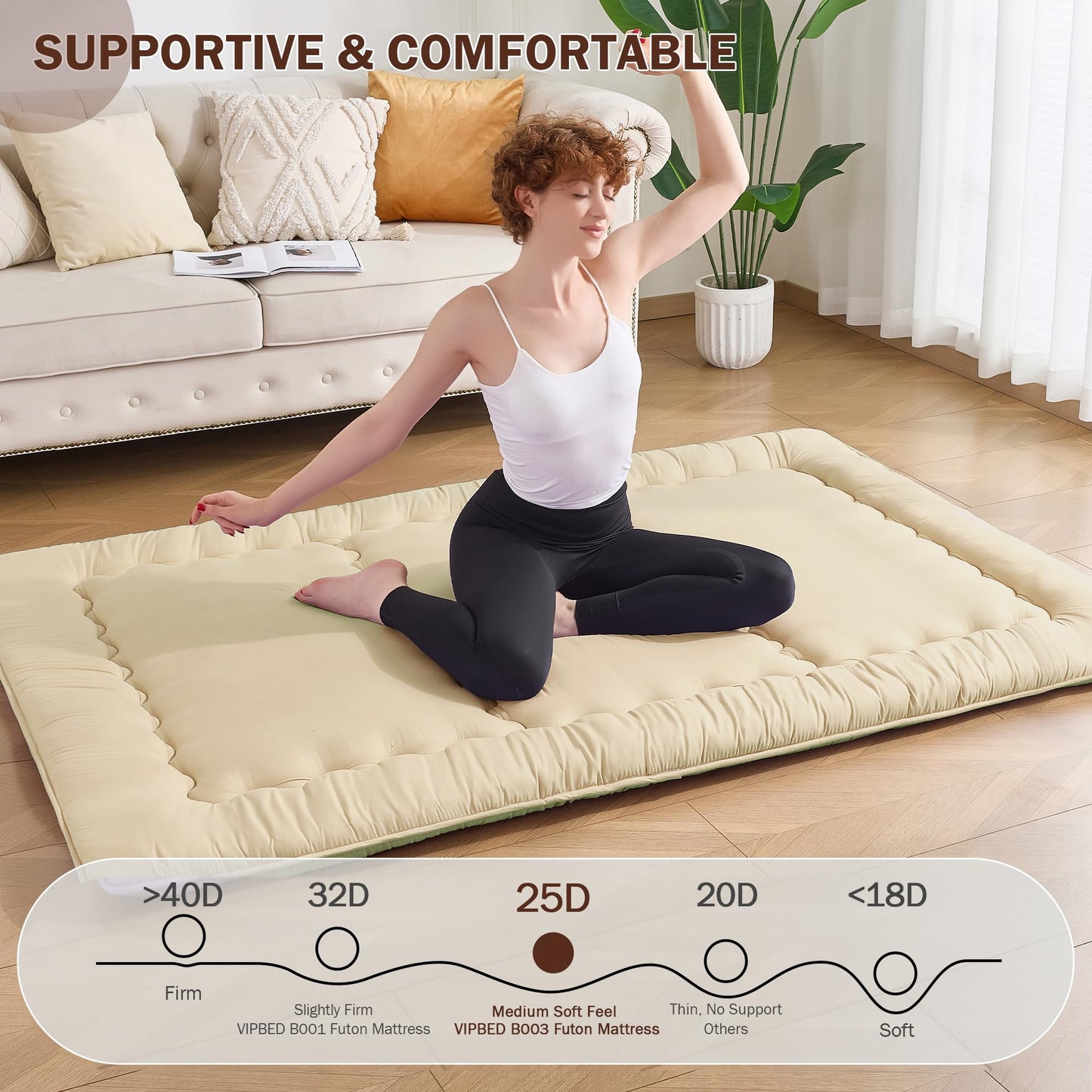VIPBED Japanese Floor Futon Mattress Queen Size, 4" Thicken Foldable Mattress Tatami Mat Sleeping Pad, 25D Foam Filled Traditional Shiki Futon (shikibuton), Designed in Japan (Pastel Yellow 60"x 80")