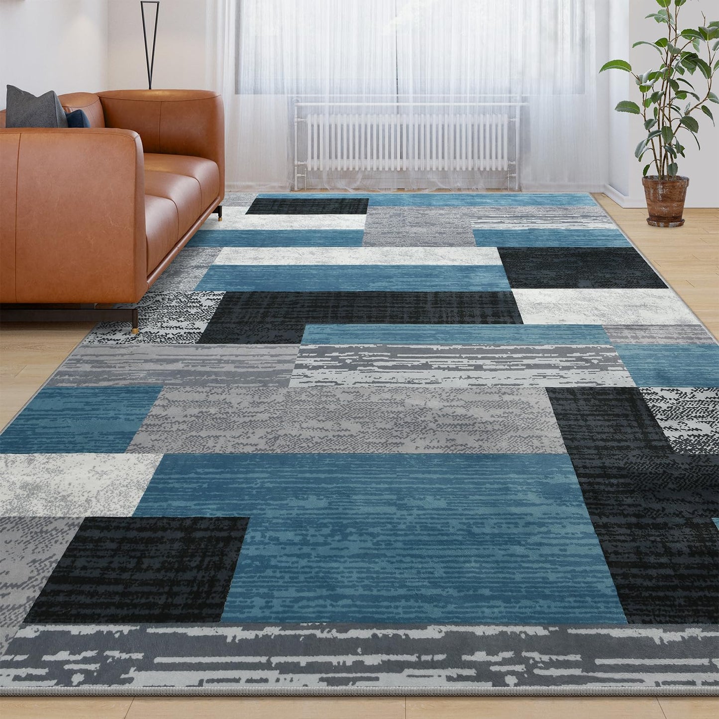 Large Area Rugs,Modern Geometric Patchwork Floor Decor for Bedroom Aesthetic Carpet, Rockwood Collection, Indoor Rugs for Living Room, Dining Room, Nursery, Office, Machine Washable Rug,5x8 Ft Blue