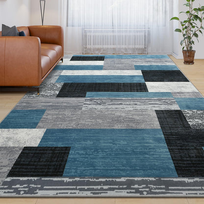 Large Area Rugs,Modern Geometric Patchwork Floor Decor for Bedroom Aesthetic Carpet, Rockwood Collection, Indoor Rugs for Living Room, Dining Room, Nursery, Office, Machine Washable Rug,5x8 Ft Blue