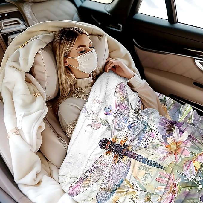 Throw Blanket, Boho Watercolor Dragonfly Throw Blankets for Adult Kids Boys Girls, Wildflowers Decor Gifts for Home Bed Couch 50x60 Inches