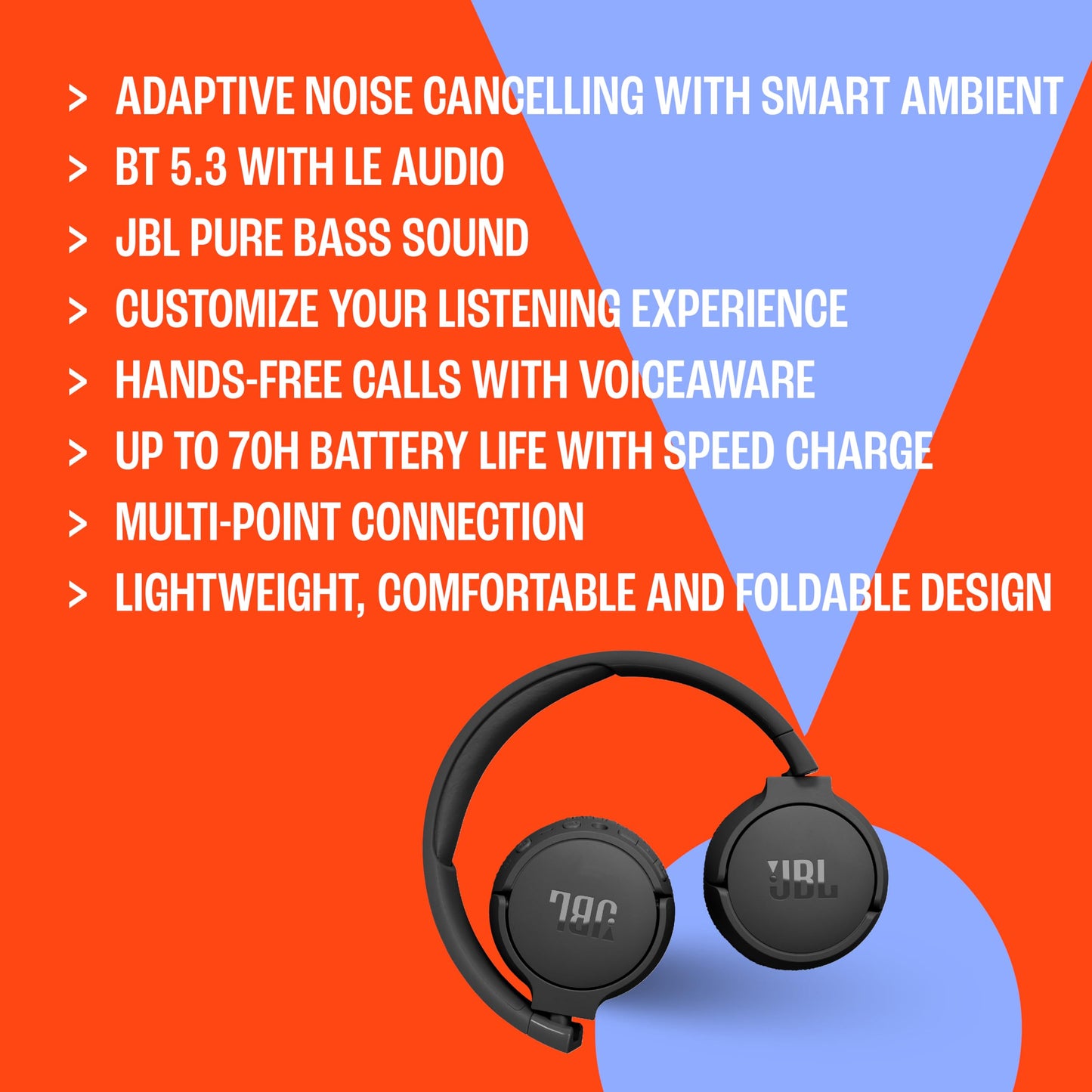 JBL Tune 670NC - Adaptive Noise Cancelling with Smart Ambient Wireless On-Ear Headphones, Up to 70H Battery Life with Speed Charge, Lightweight, Comfortable and Foldable Design (White)