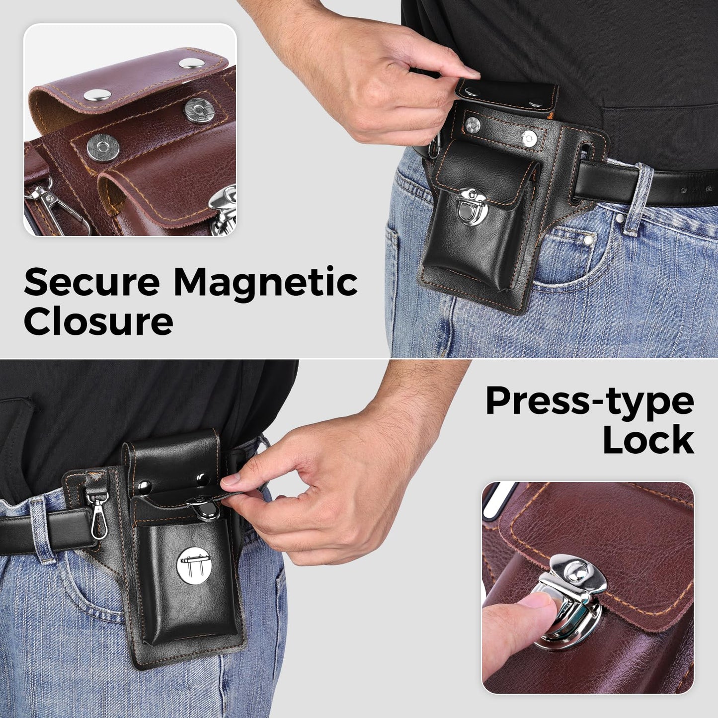 Leather Cell Phone Holster for Men, EDC Belt Pouch with Magnetic Closure & Keychain Clip, Lightweight Universal Waist Phone Case for Large Phones, Dog Walking, Travel & Hiking
