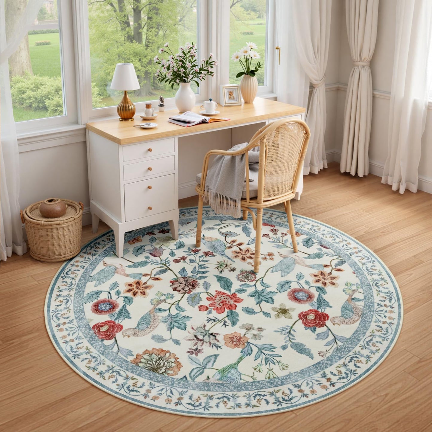 Rugalia Blue Floral Round Rugs 4ft, Washable Boho Circle Rug for Girls Bedroom, Soft Non-Slip Botanical Nursery Circular Carpet, Modern Flower Birds Throw Rug for Kids Room Living Room