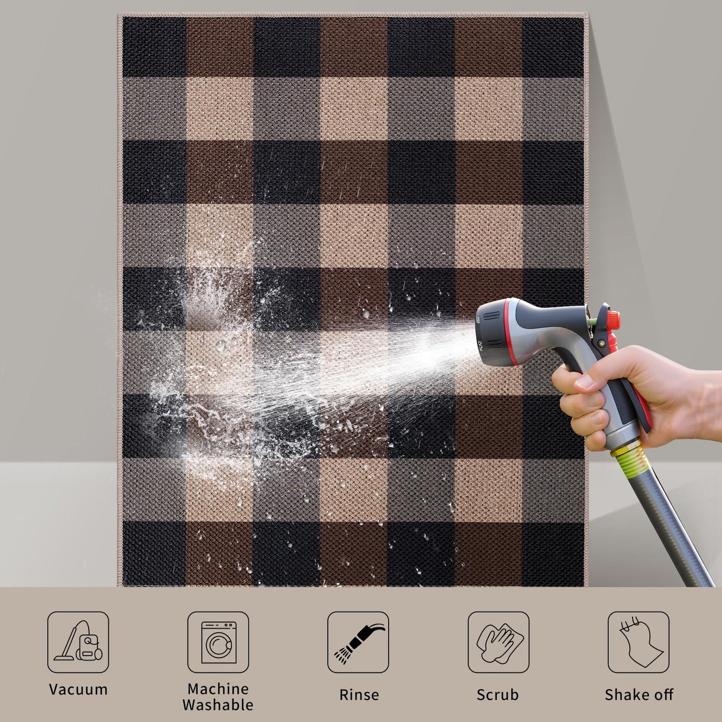 Tangsoo Checkered Easy Jute Rug 5x7 Large Washable Area Rug for Dining Room,Non-Slip Black Brown Indoor Outdoor Rug,Modern Thin Mat Outdoor Carpet for Living Room Bedroom Patio