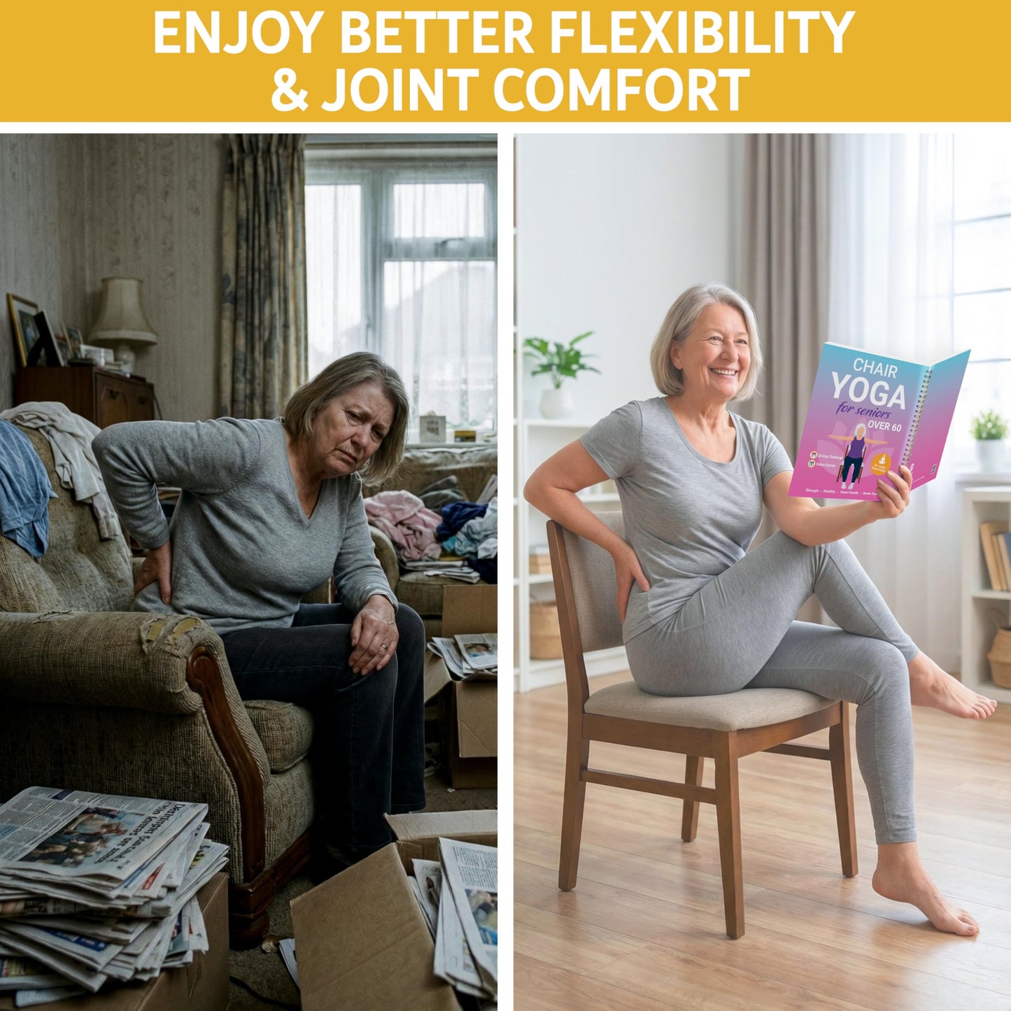 Chair Yoga for Seniors Over 60 Book and Chart, 30 Poses with Video Guide, Spiral Bound, Large Print, 30-Day Laminated Chart, Seated Exercises for Weight Loss, Flexibility, Gift for Women and Men