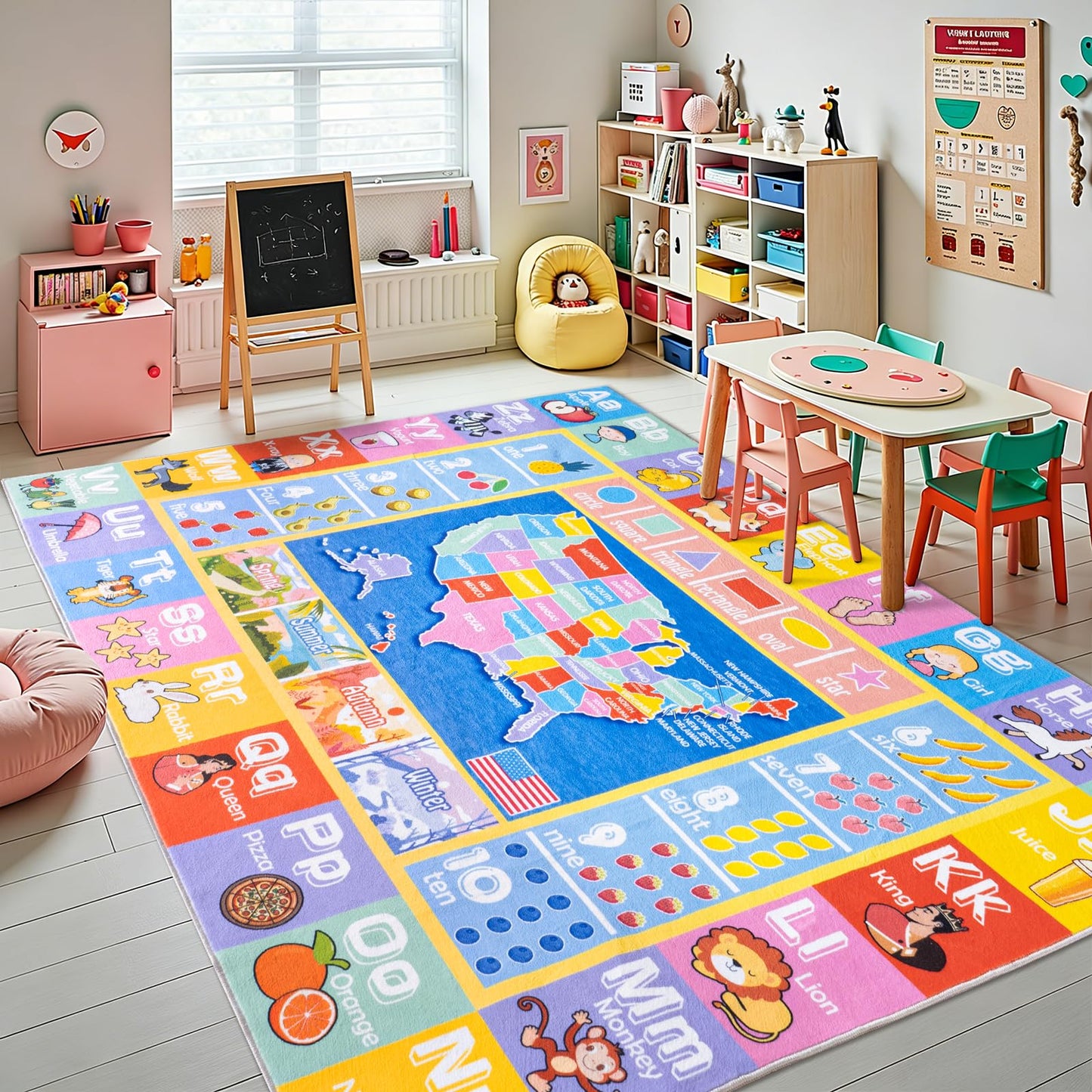 OHDS Kids Rugs for Playroom - Soft & Non-Slip 4x5 Feet Educational Rug for Learning ABC Alphabet, Numbers, Shapes & Map, Washable Classroom Rug for Toddler Nursery & Kids Room Decor