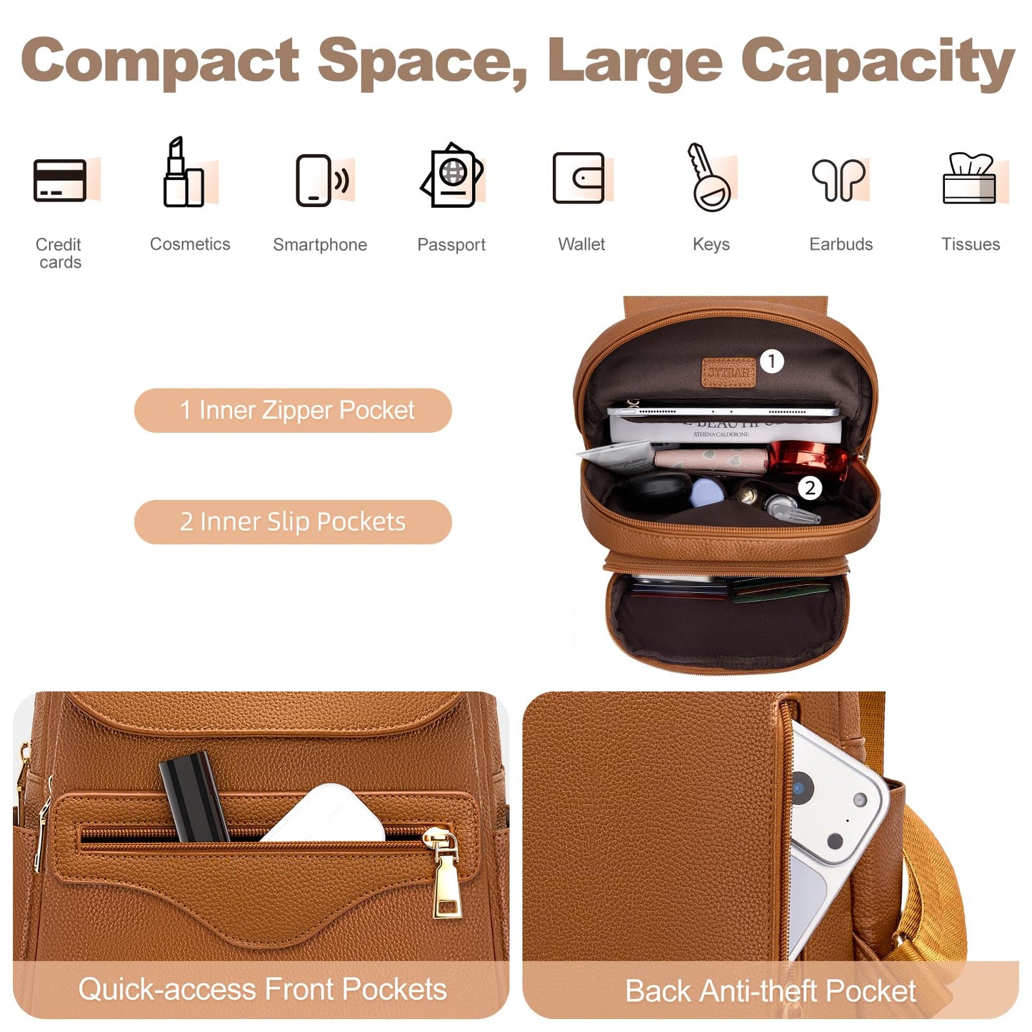 SYTRAH Mini Backpack Purse for Women, Causal Small Backpack with Built-in RFID Wallet & 11" Tablet Sleeve, Stylish Travel Daypack for Daily Brown