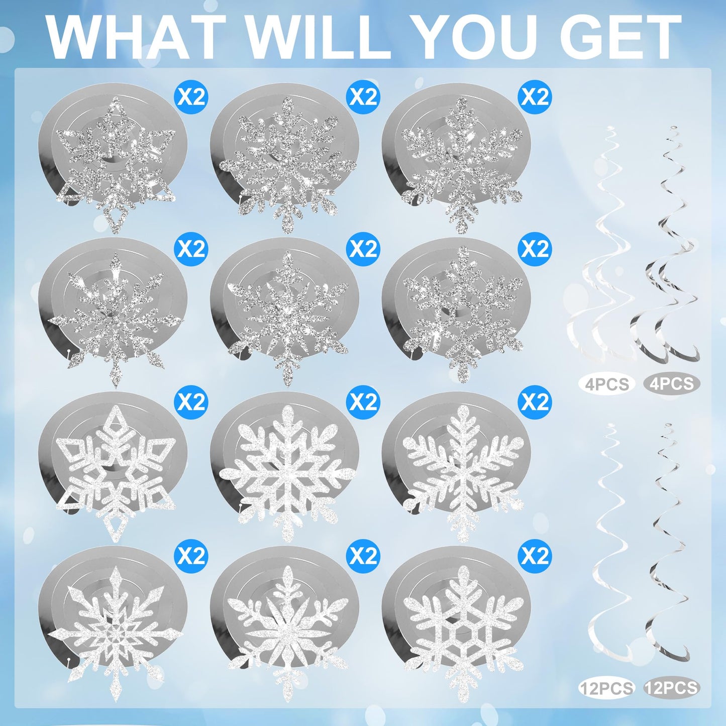 32 PCS Pre-Strung Winter Snowflake Hanging Swirl Decorations White Silver Glitter Snowflakes Hanging Swirls Christmas Snowflake Ceiling Streamers for Winter Wonderland Home Party Supplies