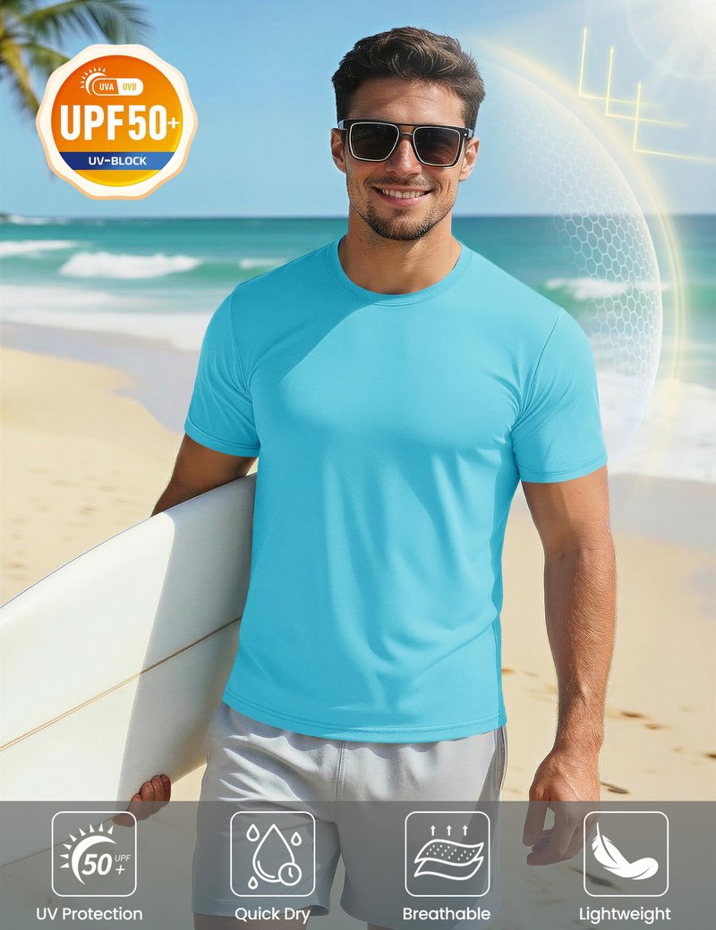 Mens Sun Shirts UPF 50+ Short Sleeve T-Shirt Fishing Shirts Quick Dry Moisture Wicking Performance Shirts Rash Guards Beach Shirts Ice Blue