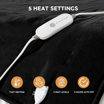 HYLEORY Heated Electric Blanket Twin 62"x84" Soft Fleece & Flannel with 5 Heating Levels & 10 Hours Timer Auto Shutt Off, ETL Certified, Washable，Heated Blanket for Body-Black
