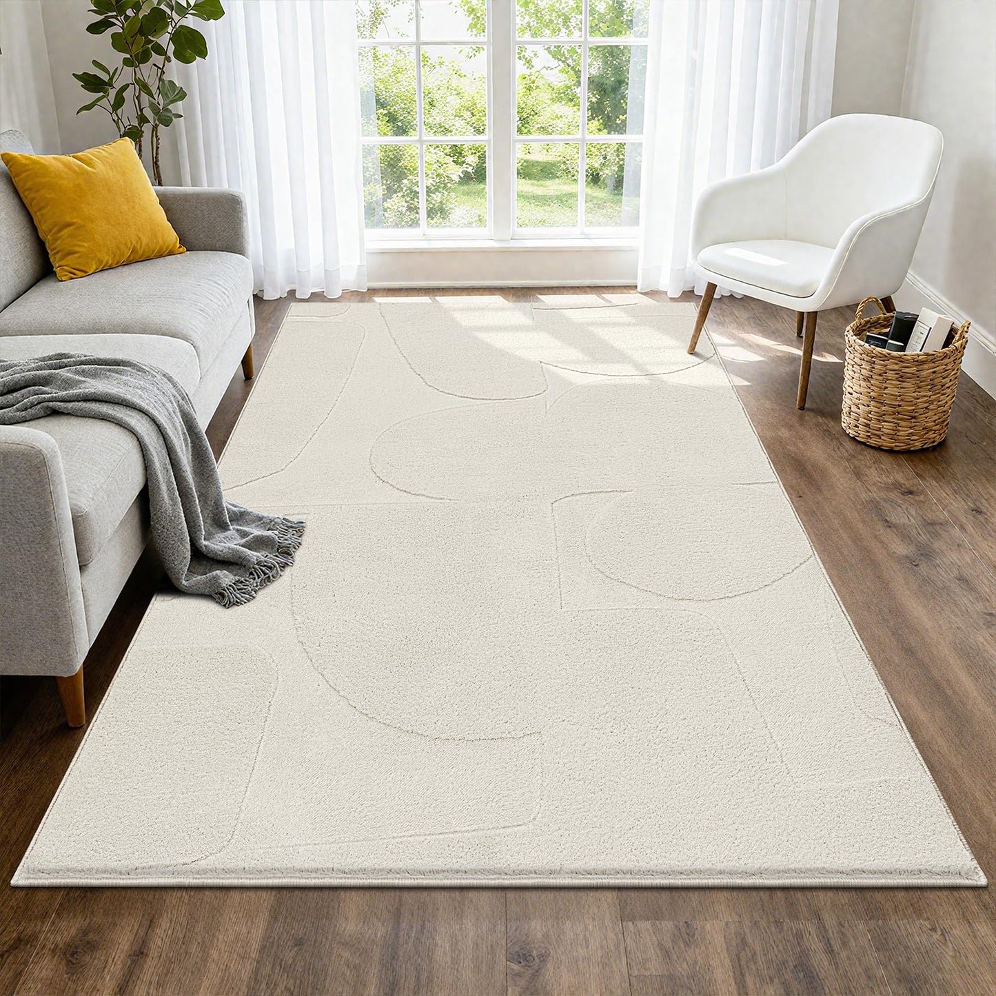 SHACOS Soft Cozy Modern Abstract Area Rugs 4'x6' High Low Pile Non Slip Washable Scandinavian Minimalist Rug Carpet for Living Room Bedroom Dining Room, Cream