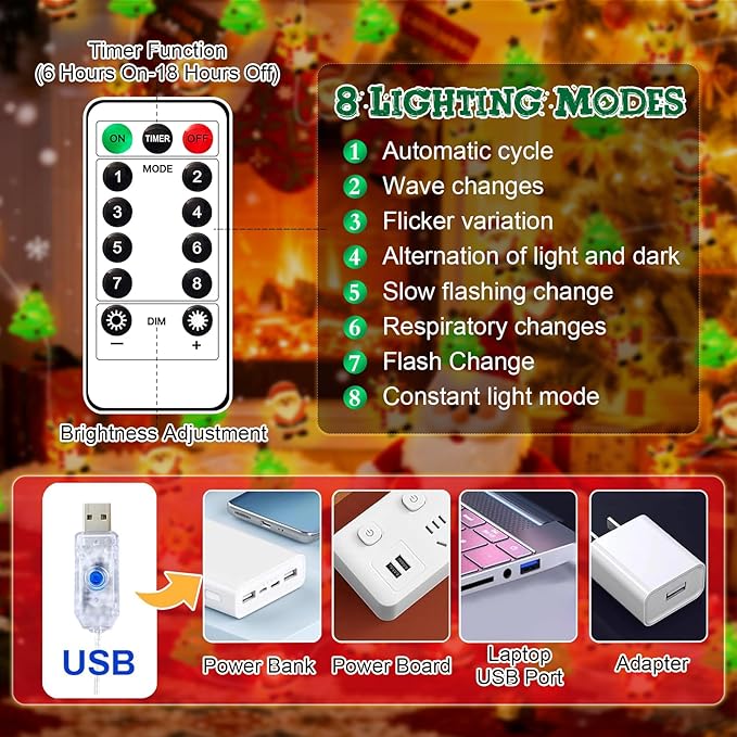 pozzolanas Christmas Fairy Lights, LED Christmas Tree Santa Claus Snowman Moose Lights Decoration, Waterproof Battery Powered Indoor Outdoor Decoration String Lights - 2Pack