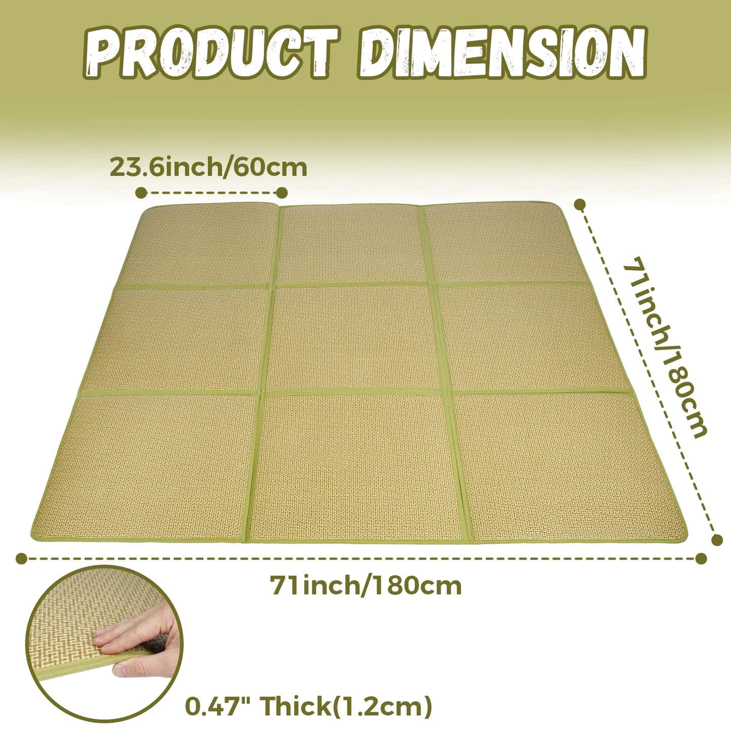 71'' x 71'' Large Japanese Tatami Mat, 0.47'' Thickness Foldable Thickness Rattan Japanese Floor Mats with Storage Bag, Non-Slip Breathable Memory Foam Area Rug Living Room Bedroom Yoga (Green)
