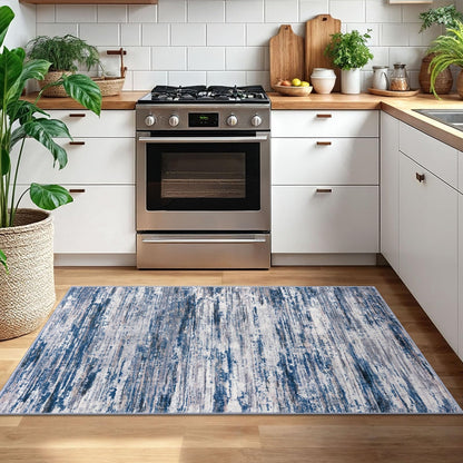 SIILOOM 3x5 Modern Abstract Area Rug for Entryway, Navy Blue Gray Neutral Multi Super Soft Washable Rug with Non-Slip, Low-Pile Door Mat Indoor for Living Room Bedroom, Carpet with Non-Shedding