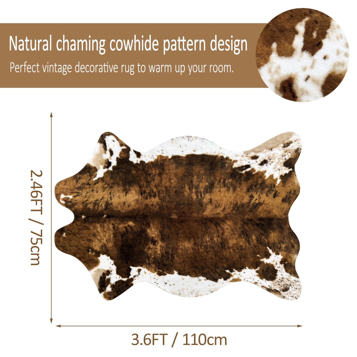 Aoczes Small Faux Cowhide Rug Cow Carpet Western Home Decor Cow Print Area Rug for Bedroom, Living Room, Kids Room, Table, Office, Brown, Mat, 3.6x2.46 Feet(75x110cm)