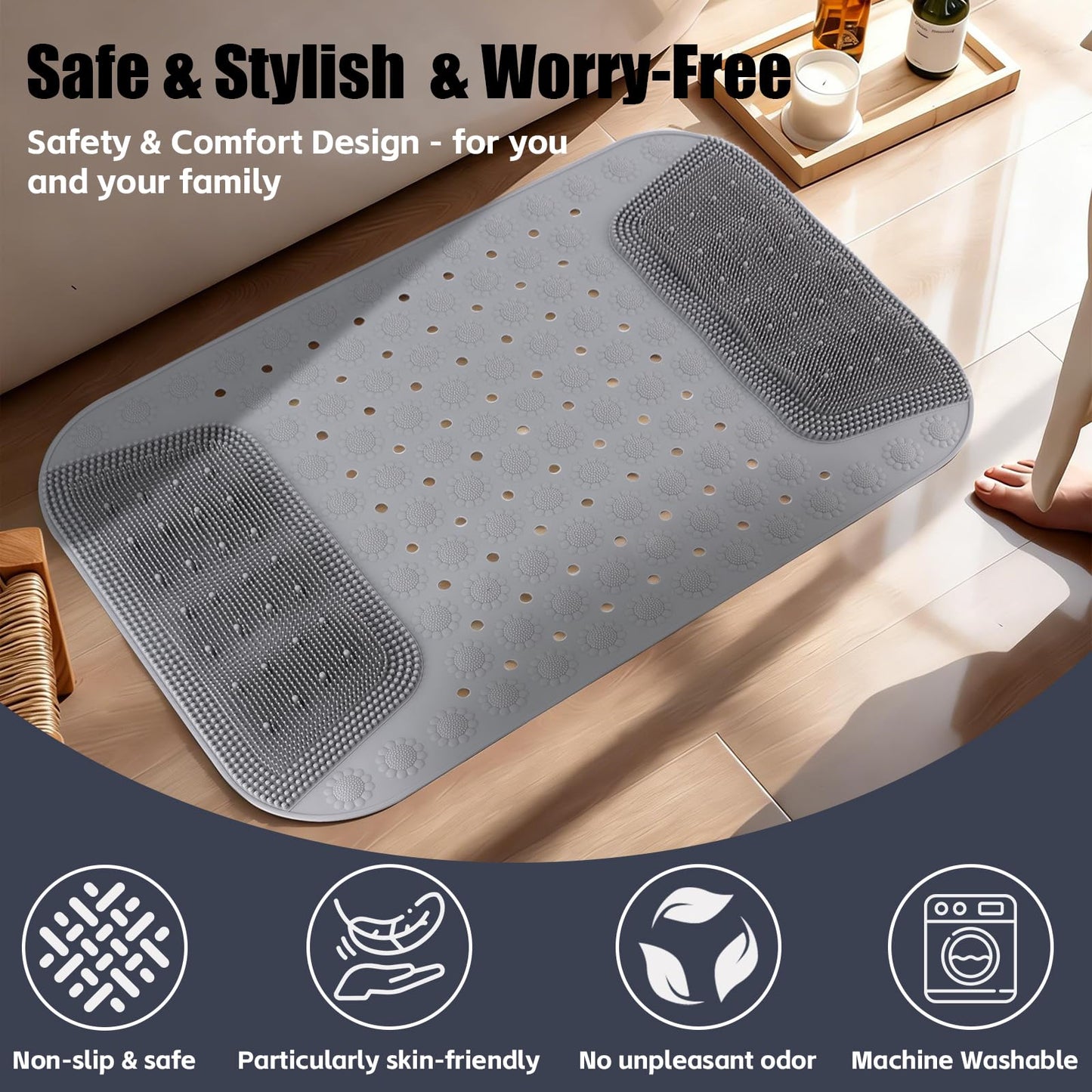 Rolcoassuns Bathtub Shower Mat Non Slip, 28.7x18.9 inch Silicone Bathroom Mat with Foot Scrubber on Both Sides, Drain Hole and Suction Cups, Machine Washable Bath Mats for Elderly, Pet (Gray)