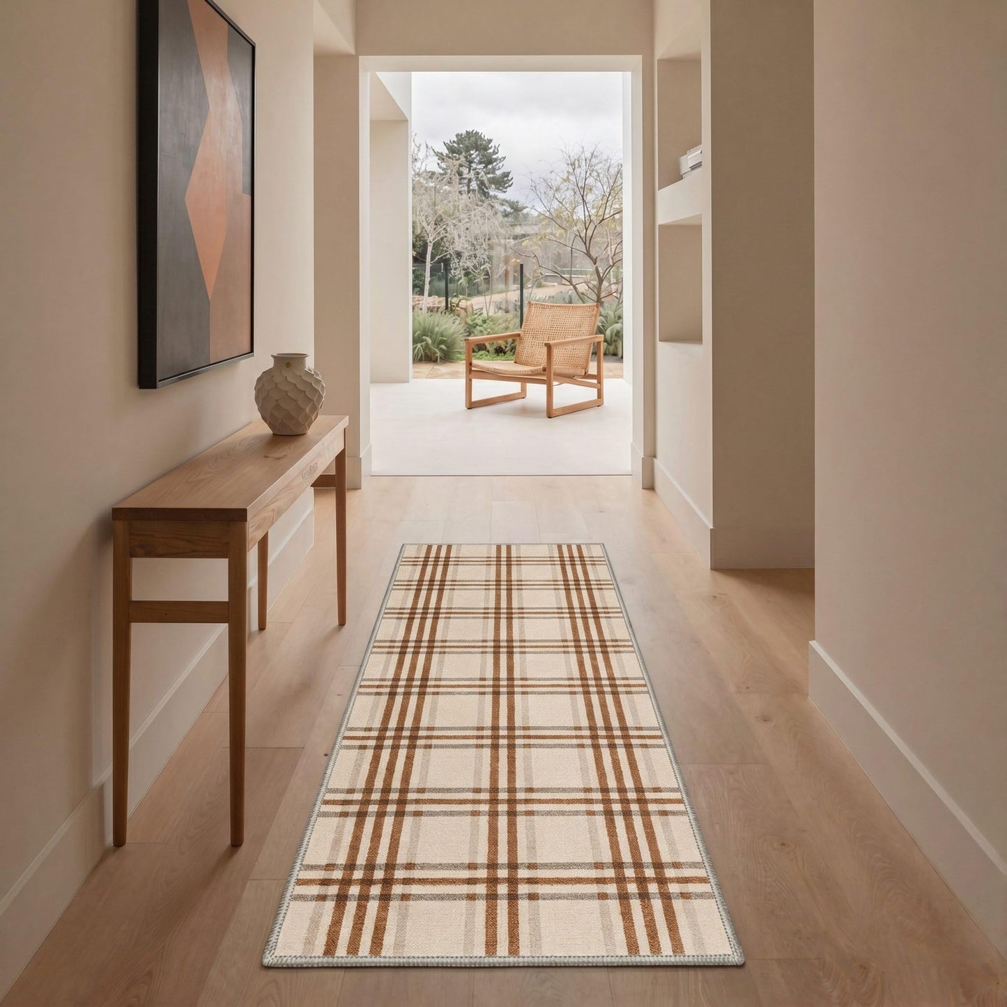 Bavni 5X7 Area Rugs, Minimalist Plaid Low Pile Non Slip Machine Washable Stain Resistant Indoor Rug for Living Room Bedroom Dining Room Home Office, Caramel Beige