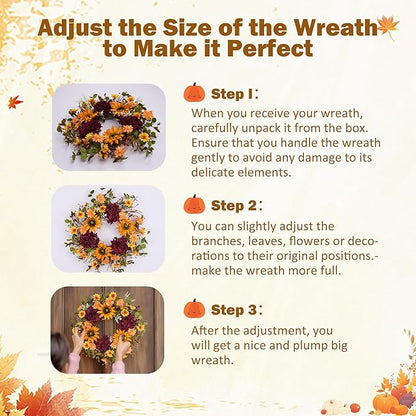 Sunflower Wreaths for Front Door, 24'' Autumn Wreath with Sunflower Hydrangeas & Leaves for Porch Window, Halloween Thanksgiving Wreaths for Home Decor