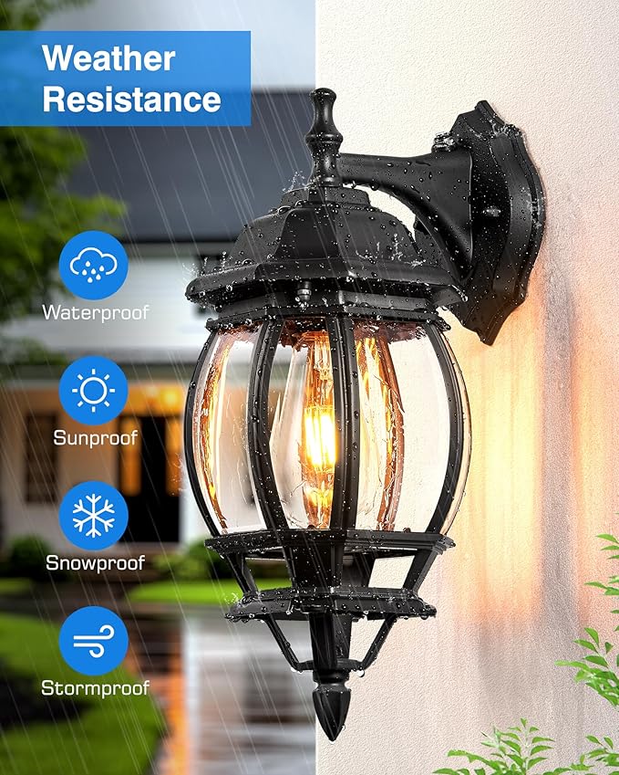 VIANIS Dusk to Dawn Porch Lights Outdoor, Black Exterior Light Fixtures Wall Mount for House, 2 Pack Modern Coach Lights for Garage with Tempered Glass, Anti-rust Outdoor Wall Sconce Lantern for Patio