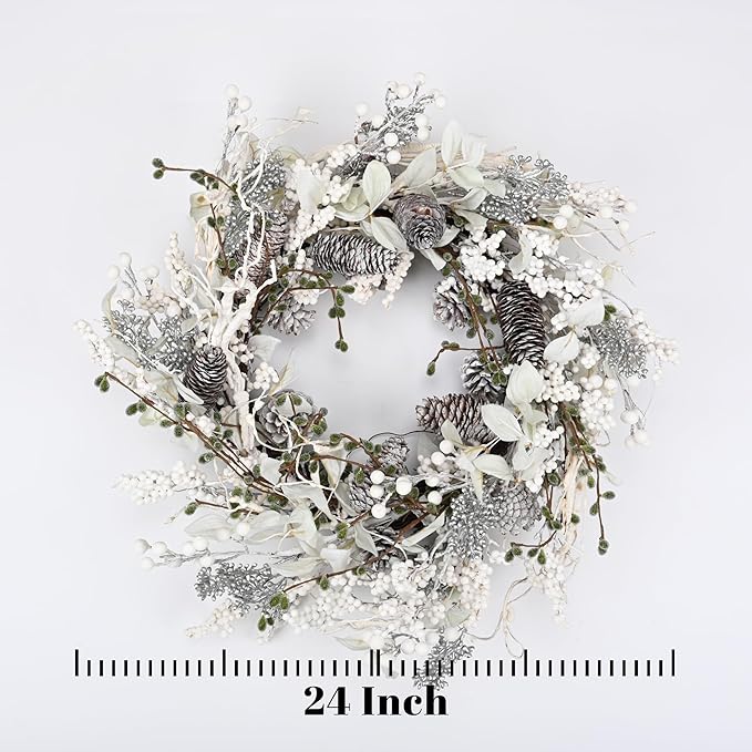 24 inch White Christmas Wreath,Winter Wreaths for Front Door with Pinecones Berries for Fireplace Xmas Decorations,Front Porch Decor and Wall Window Decor