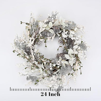 24 inch White Christmas Wreath,Winter Wreaths for Front Door with Pinecones Berries for Fireplace Xmas Decorations,Front Porch Decor and Wall Window Decor