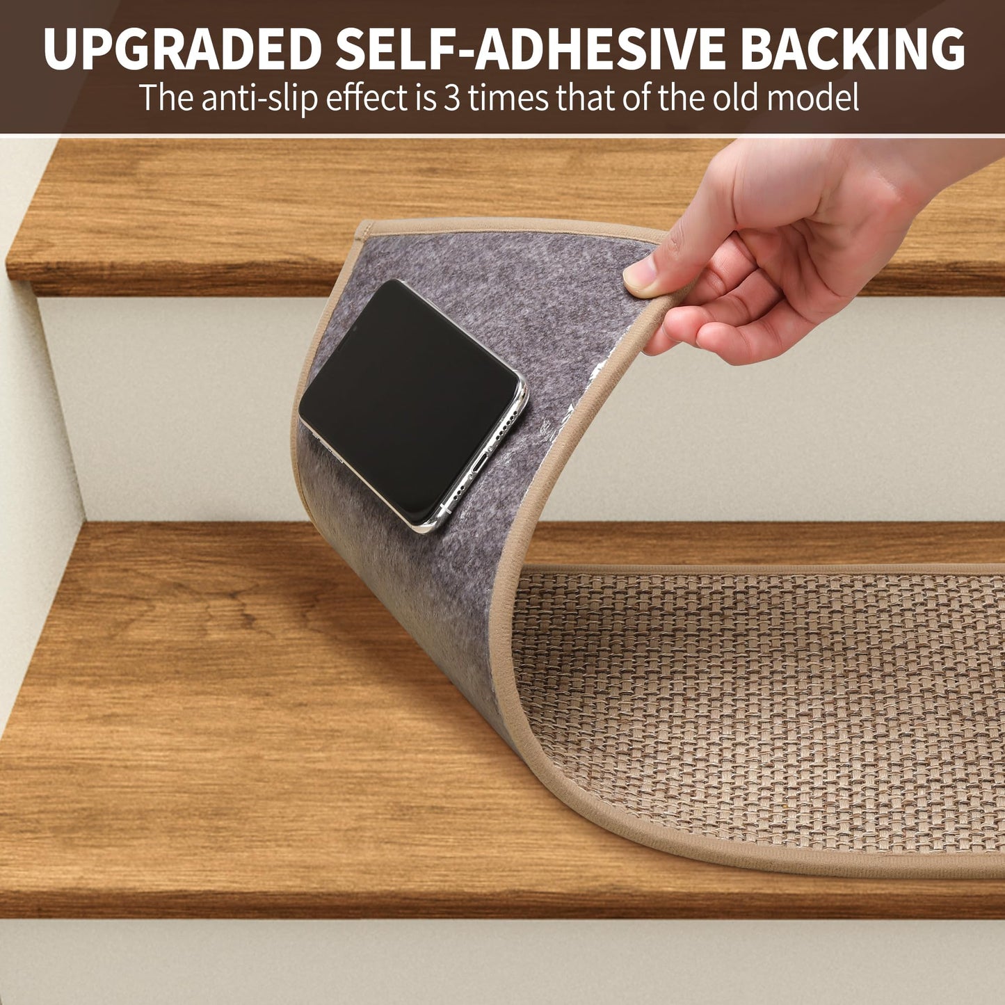 GROWLING Linen Stair Treads for Wooden Steps Indoor 30x8 inch, 15pcs Upgraded Self Adhesive Backing Non Slip Stair Carpets, Peel and Stick Stair Runner Rugs, Reusable Staircase Step Treads(Beige)