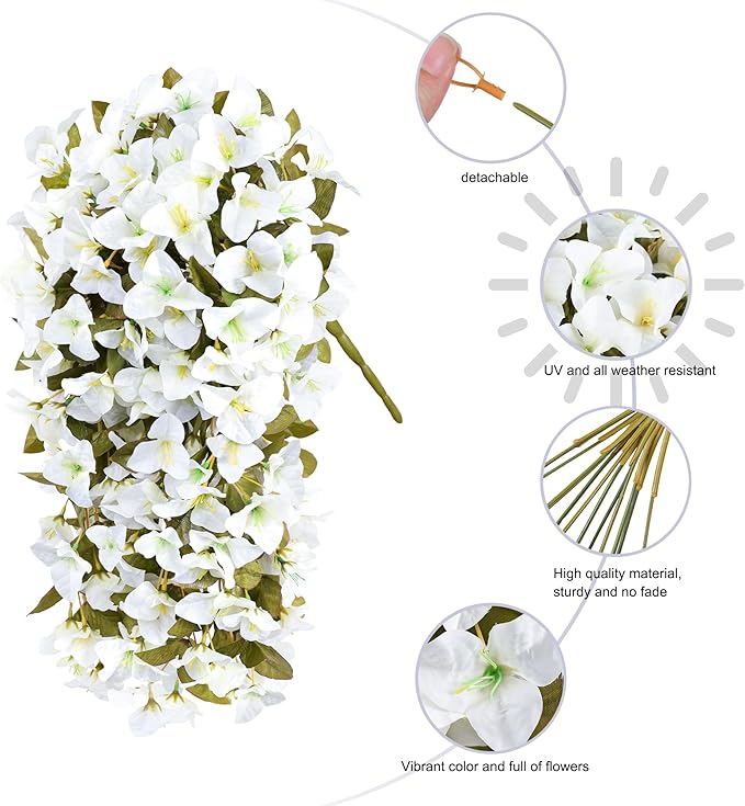 HyeFlora Bougainvillea Artificial Hanging Flowers Plants for Outdoors Winter Decoration, 2pcs Faux Bougainvillea Vines White Fake Flowers Realistic UV Resistant Silk Flowers for Outside Planter Yard