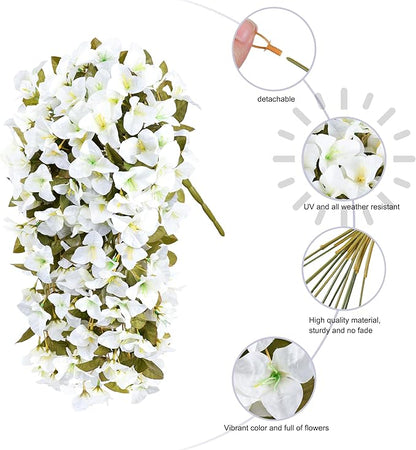 HyeFlora Bougainvillea Artificial Hanging Flowers Plants for Outdoors Winter Decoration, 2pcs Faux Bougainvillea Vines White Fake Flowers Realistic UV Resistant Silk Flowers for Outside Planter Yard