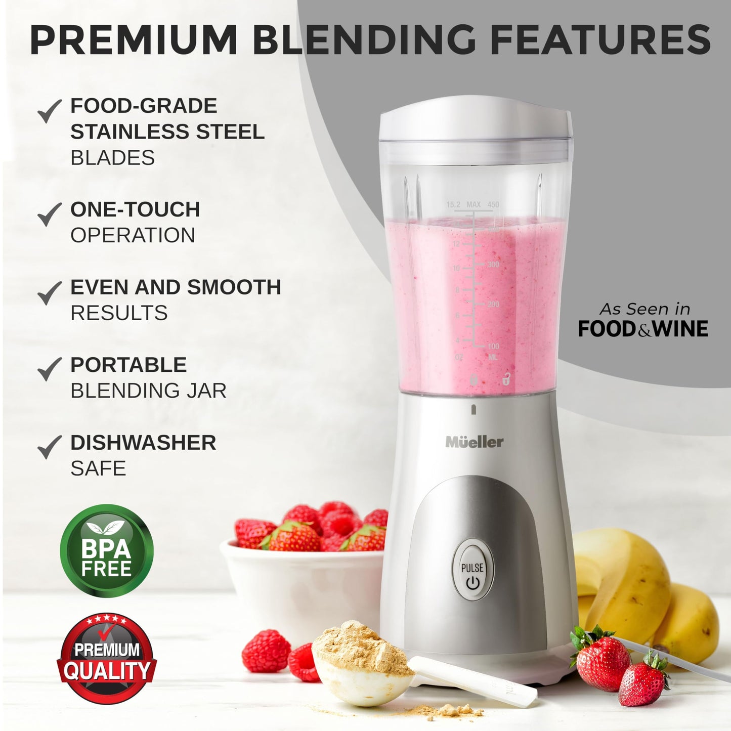 Mueller Smoothie Blender for Smoothies - Personal Blender for Shakes, Frozen Drinks, Baby Food & More, 15oz Travel Cup and Lid, Durable Stainless Steel Blades for Powerful Blending Performance, Black