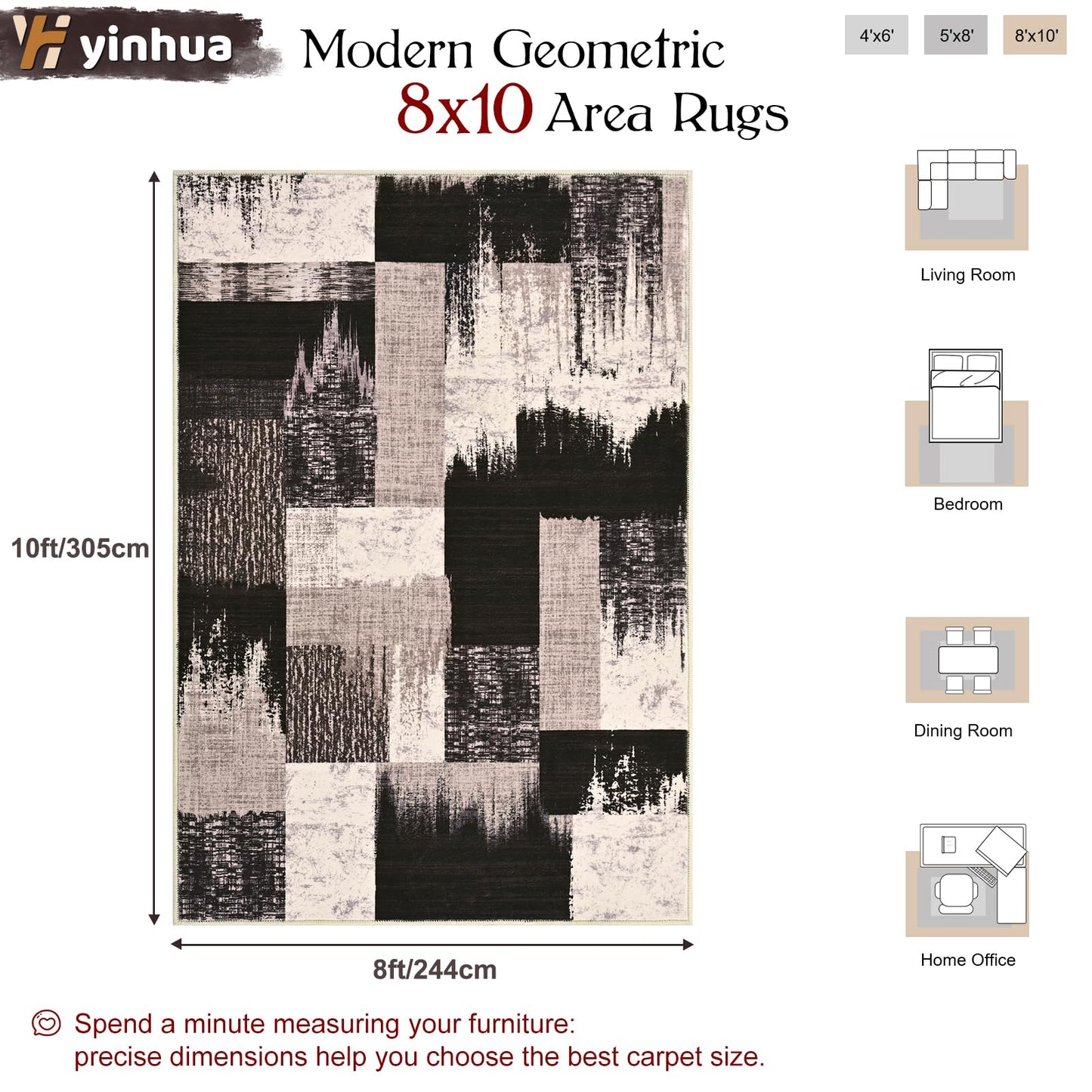 Yinhua Modern Geometric 8x10 Area Rugs, Patchwork Brown Rugs for Living Room Washable Abstract Rug Non Slip, Low Pile Bedroom Rug Stain Resistant, Mid Century Carpet for Dining Room, Office