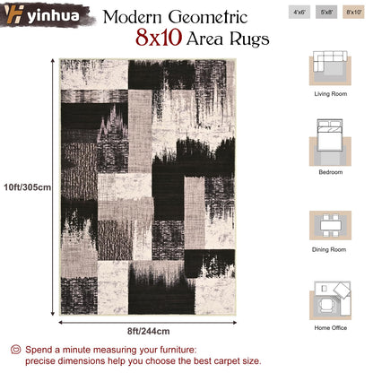 Yinhua Modern Geometric 8x10 Area Rugs, Patchwork Brown Rugs for Living Room Washable Abstract Rug Non Slip, Low Pile Bedroom Rug Stain Resistant, Mid Century Carpet for Dining Room, Office