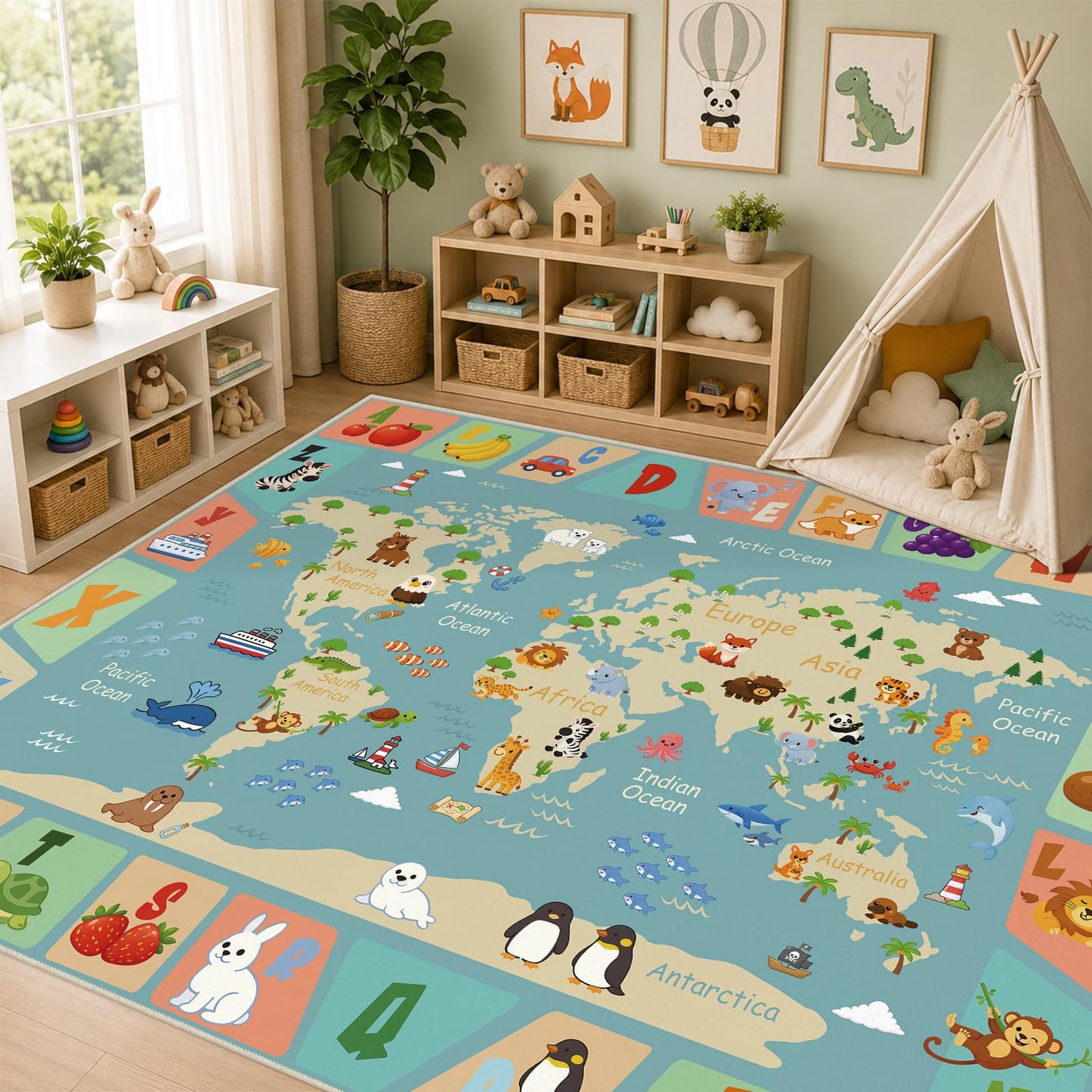 Cryvera ABC Alphabet World Map 5x7 Rug for Classroom Preschool Playroom Kids Learning Play Mat for Toddlers Daycare Educational Nursery Machine Washable Non-Slip Area Rug