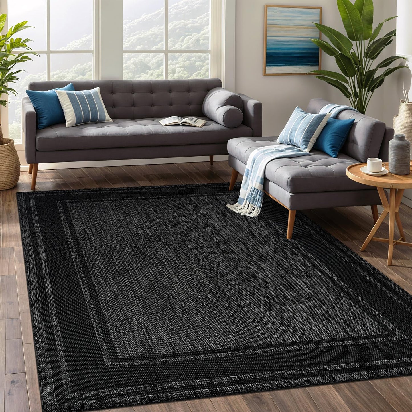Beverly Rug Outdoor Rug 5x7 Modern Bordered Area Rugs for Indoor and Outdoor Patio Deck Porch Garden Waterproof Weather Sun Resistant Washable Outside Carpet (5 x 7 Black)