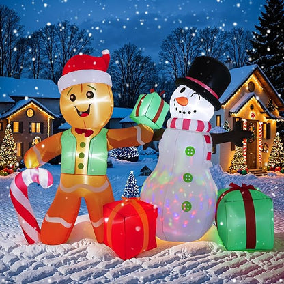 6FT Christmas Inflatables Outdoor Decorations, Giant Gingerbread Man & Snowman with Built-in Rotating LED Lights, Holiday Yard Decor for Lawn Garden Patio Party (Gingerbread Man Snowman)