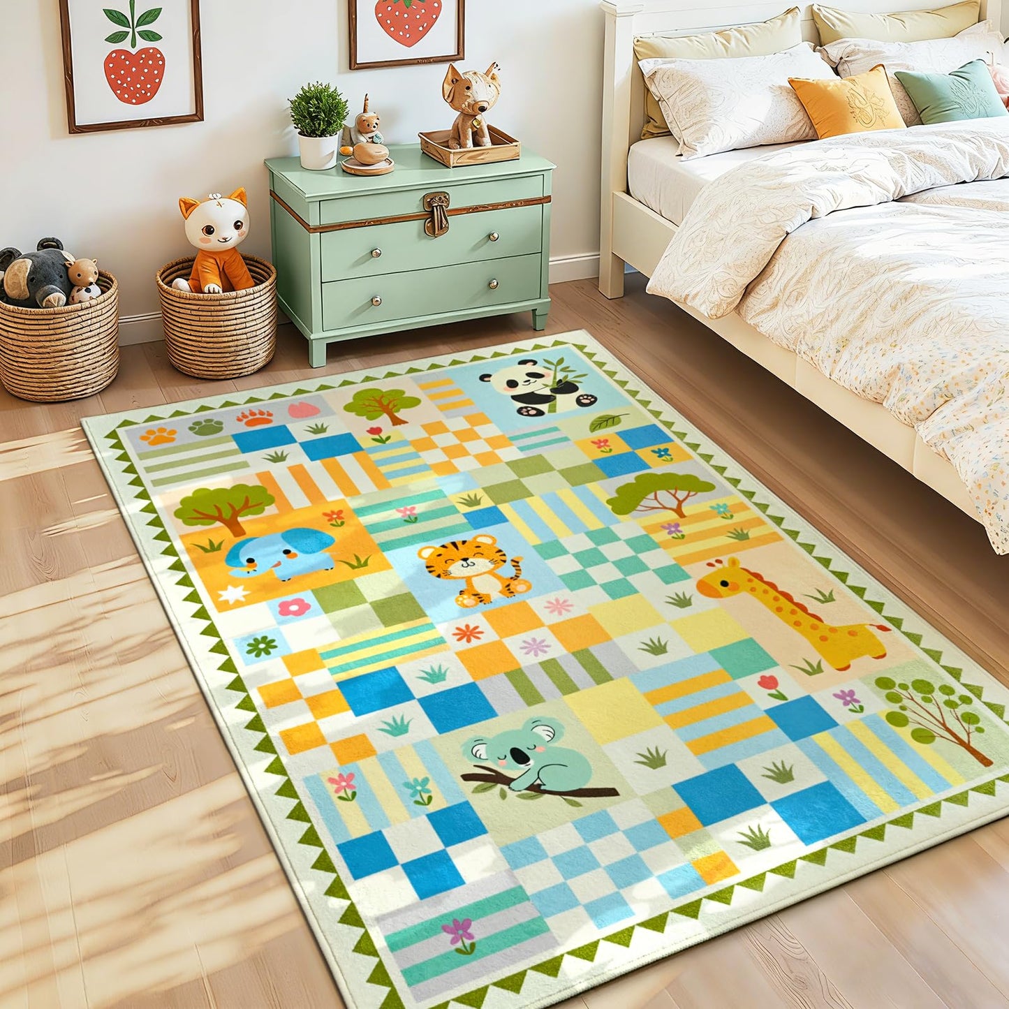 3x4 Washable Kid Playroom Rug, Unisex Green Safari Jungle Woodland Animal Toddler Carpet, Soft Non-Slip Baby Nursery Area Rug with Cute Colorful Checkered Design for Boy Bedroom