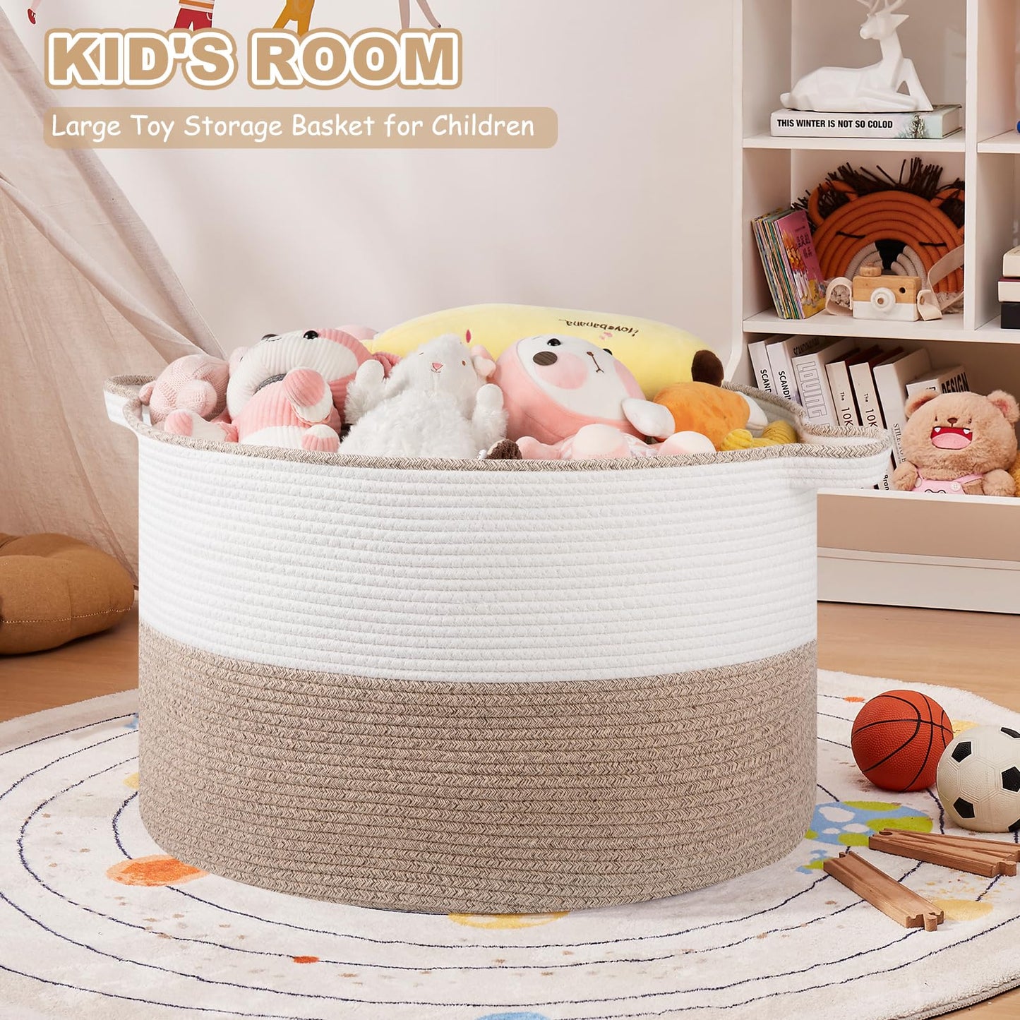 OIASKET XXL Large Blanket Basket with Handles, 105L Woven Storage Basket for Living Room, Cotton Rope Baby Toy Storage for Clothes, Pillows, Towels-Brown & White