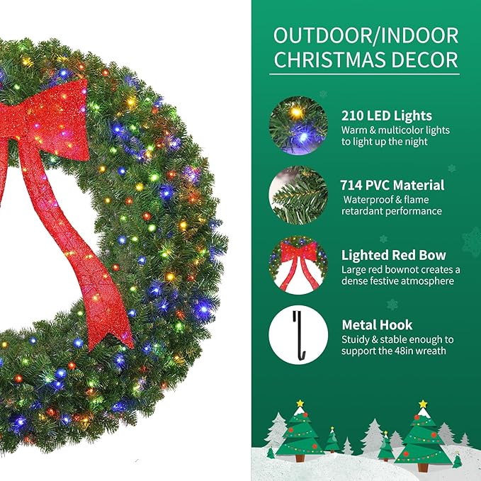 48in Prelit Christmas Wreath - Large Outdoor Christmas Wreath with Lighted Red Christmas Bow, Metal Hook, 714 Branch Tips & 250 Multicolor LED Lights for Front Door Window Holidy Decor
