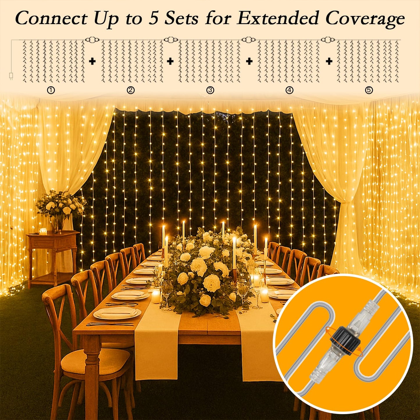 Soagrc 300 LED Warm White Curtain String Lights 9.8x9.8FT, Plug in Fairy Lights with 9 Hooks, Dimmable, Timer & 8 Modes, IP44 Waterproof, Bedroom Wall Wedding Backdrop Christmas Indoor Outdoor Decor