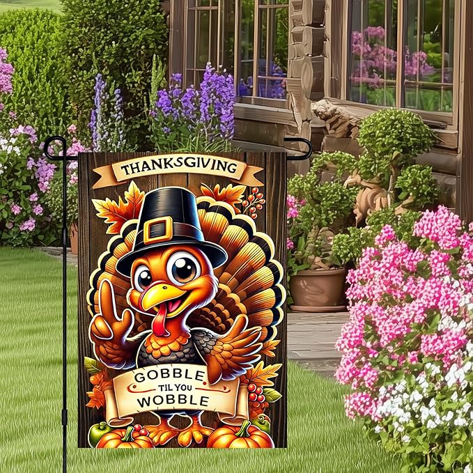 Thanksgiving Turkey Garden Flag 12x18 Inch Welcome Gobble Til You Wobble Outdoor Flag Double Sided Fall Autumn Yard Banner with Cartoon Pilgrim Turkey and Pumpkins for Porch Lawn Patio