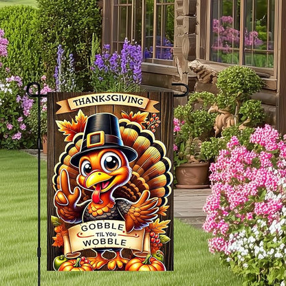Thanksgiving Turkey Garden Flag 12x18 Inch Welcome Gobble Til You Wobble Outdoor Flag Double Sided Fall Autumn Yard Banner with Cartoon Pilgrim Turkey and Pumpkins for Porch Lawn Patio